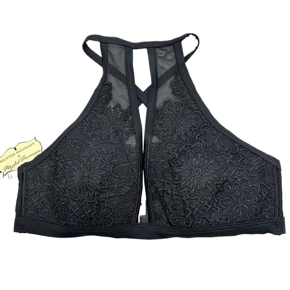 NEW/NWT Hunter McGrady PLAYFUL PROMISES Black Lace Crossback Bra Bralette Sz 14